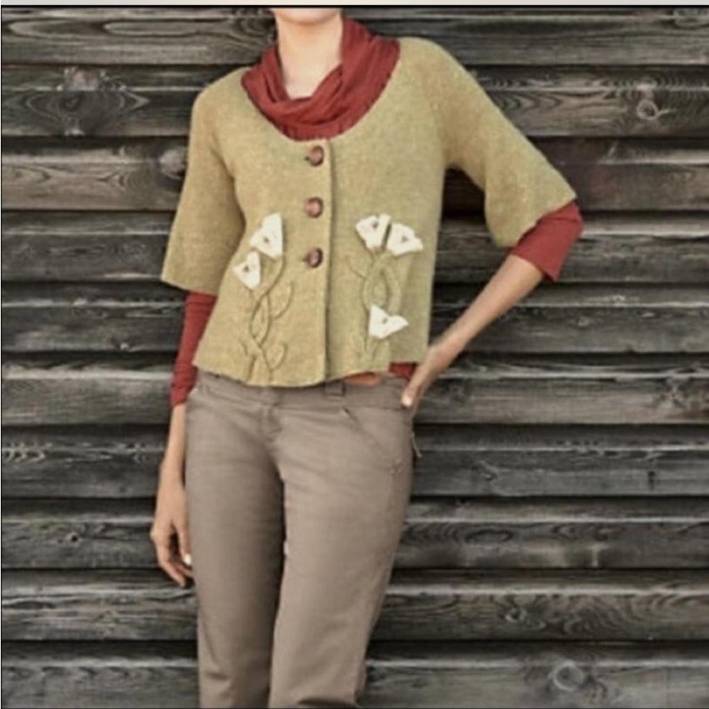 Moth Anthropologie Moss Green Cardigan with 3D Pink Floral Details